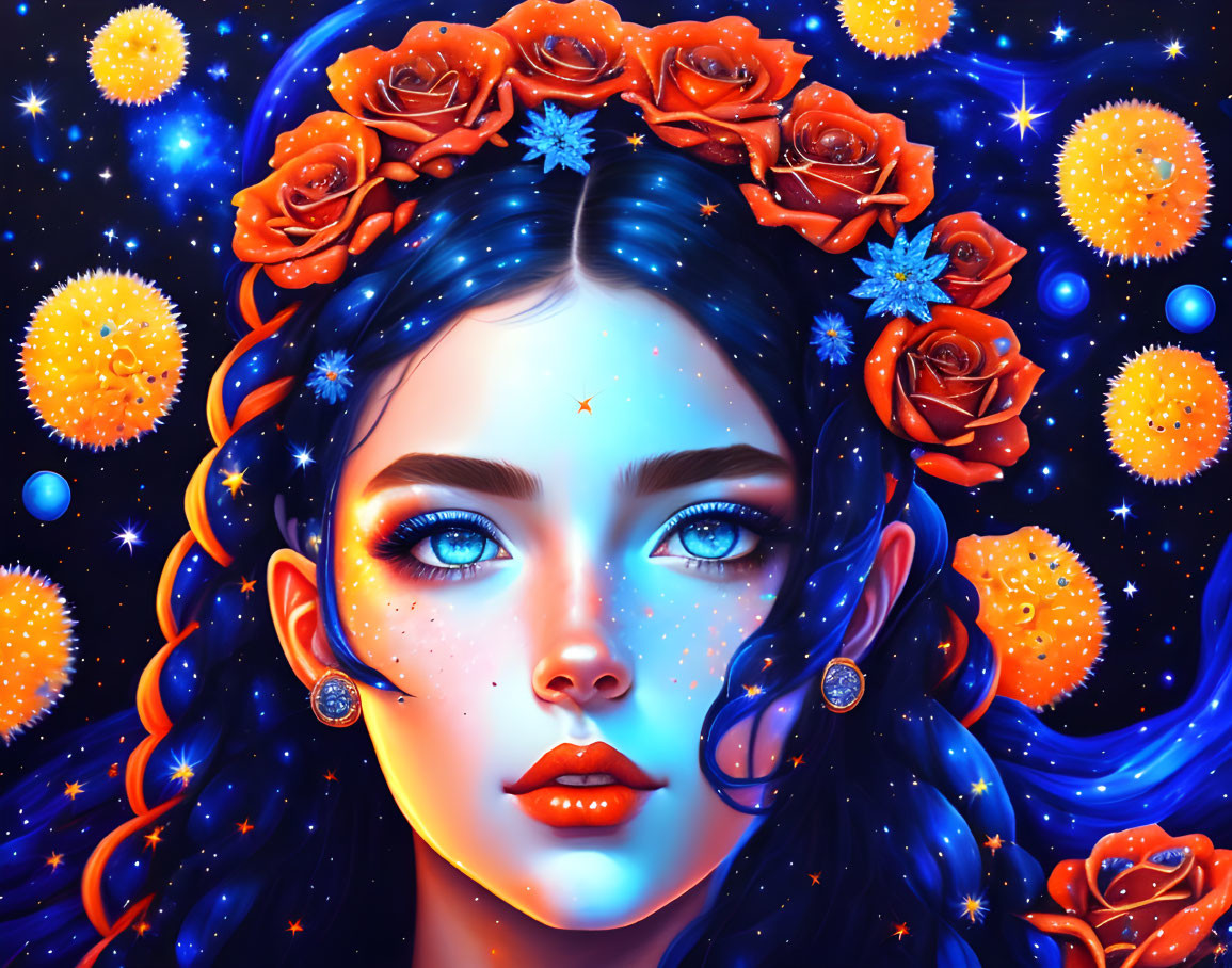 Blue-skinned woman with floral crown in cosmic setting.