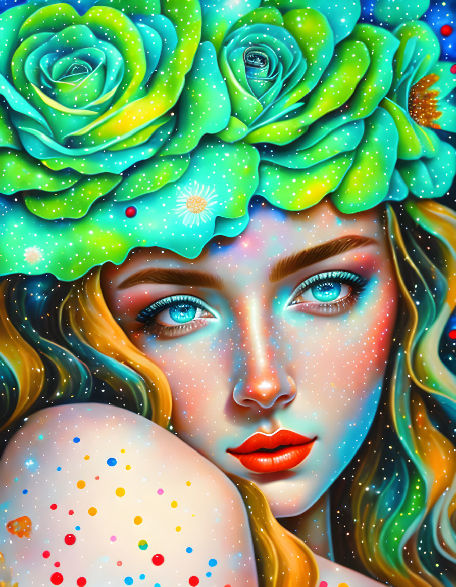 Colorful portrait of a woman with teal roses, blue eyes, and starry background