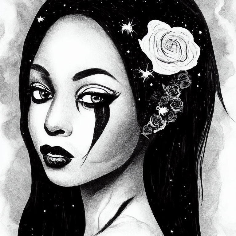 Monochrome woman illustration with eyeliner, lips, flowers, and starry background