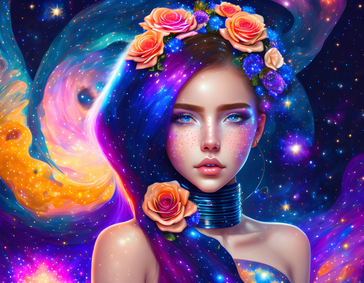 Vibrant galaxy-themed digital art portrait of a woman with blue eyes