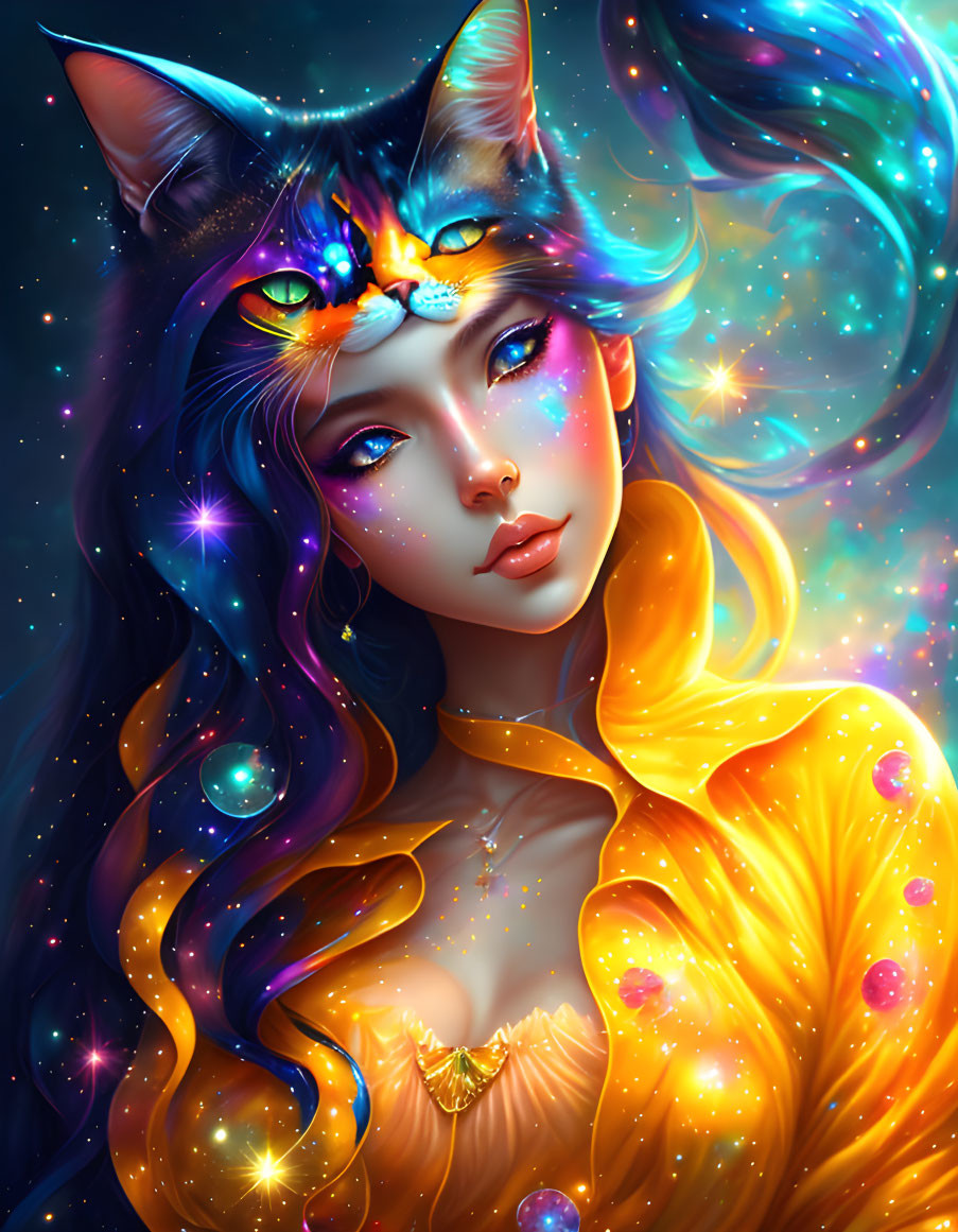 Colorful illustration of female figure with cat-like features and space-themed hair.