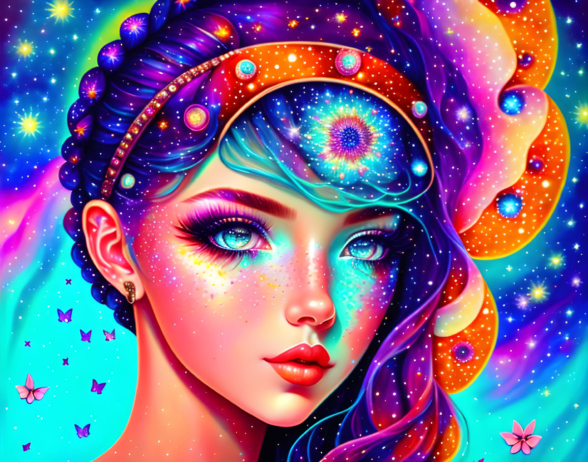 Vibrant cosmic-themed digital illustration of a woman with stars, galaxies, and butterflies.