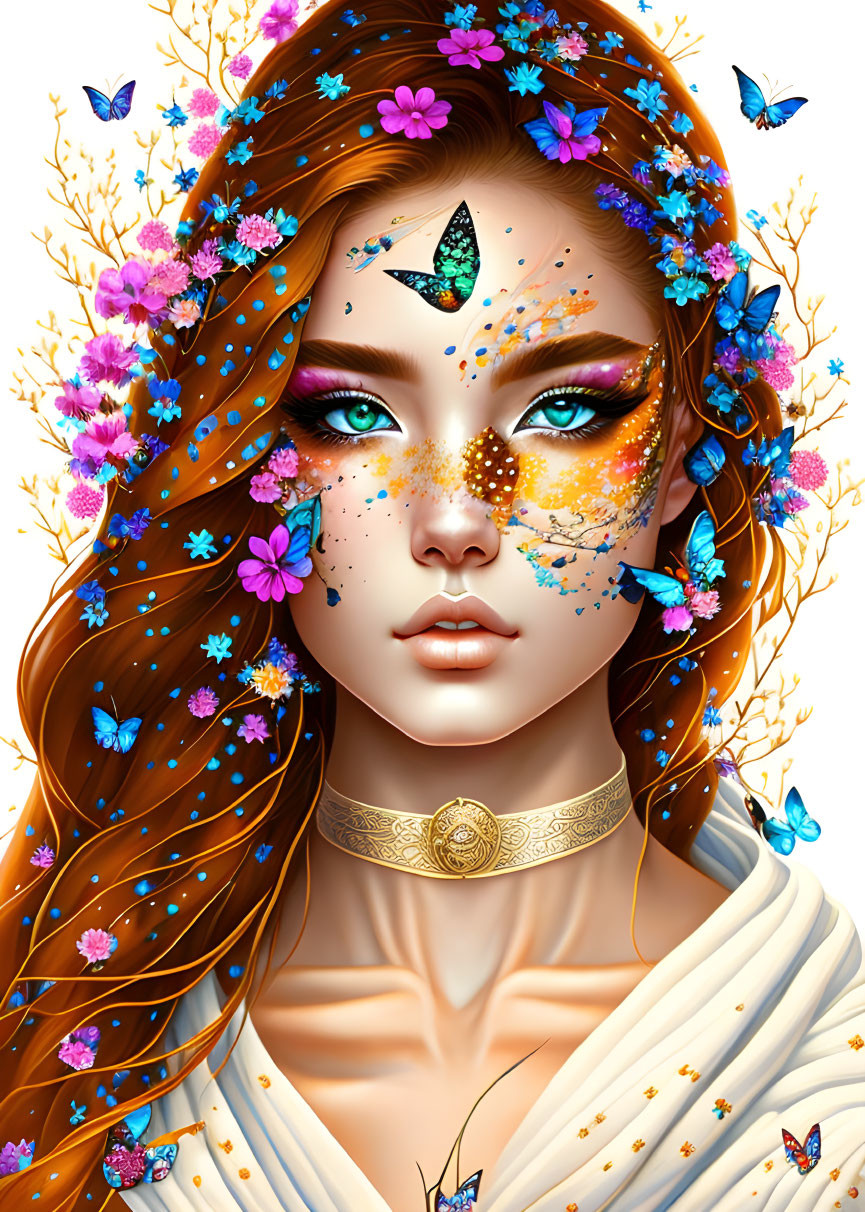 Digital artwork: Woman with blue and pink flower hair, butterflies, makeup, golden choker