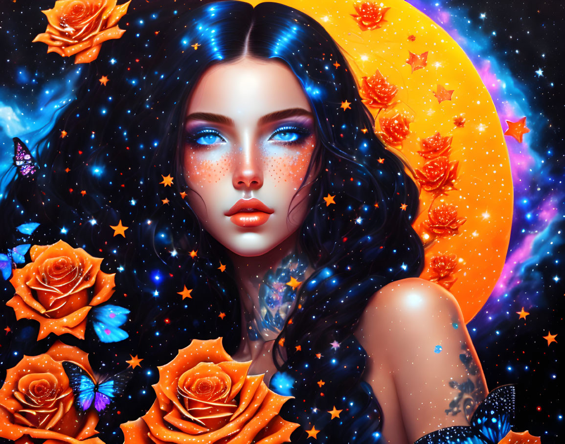 Surreal portrait of woman with starry hair, orange roses, butterflies, and cosmic backdrop.