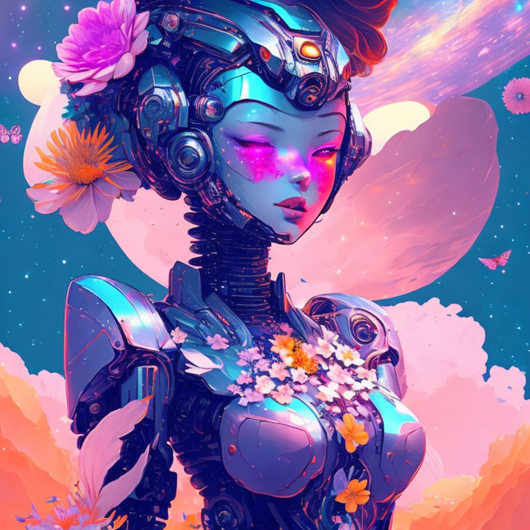 Colorful Female Android with Flower Adornments in Surreal Sky