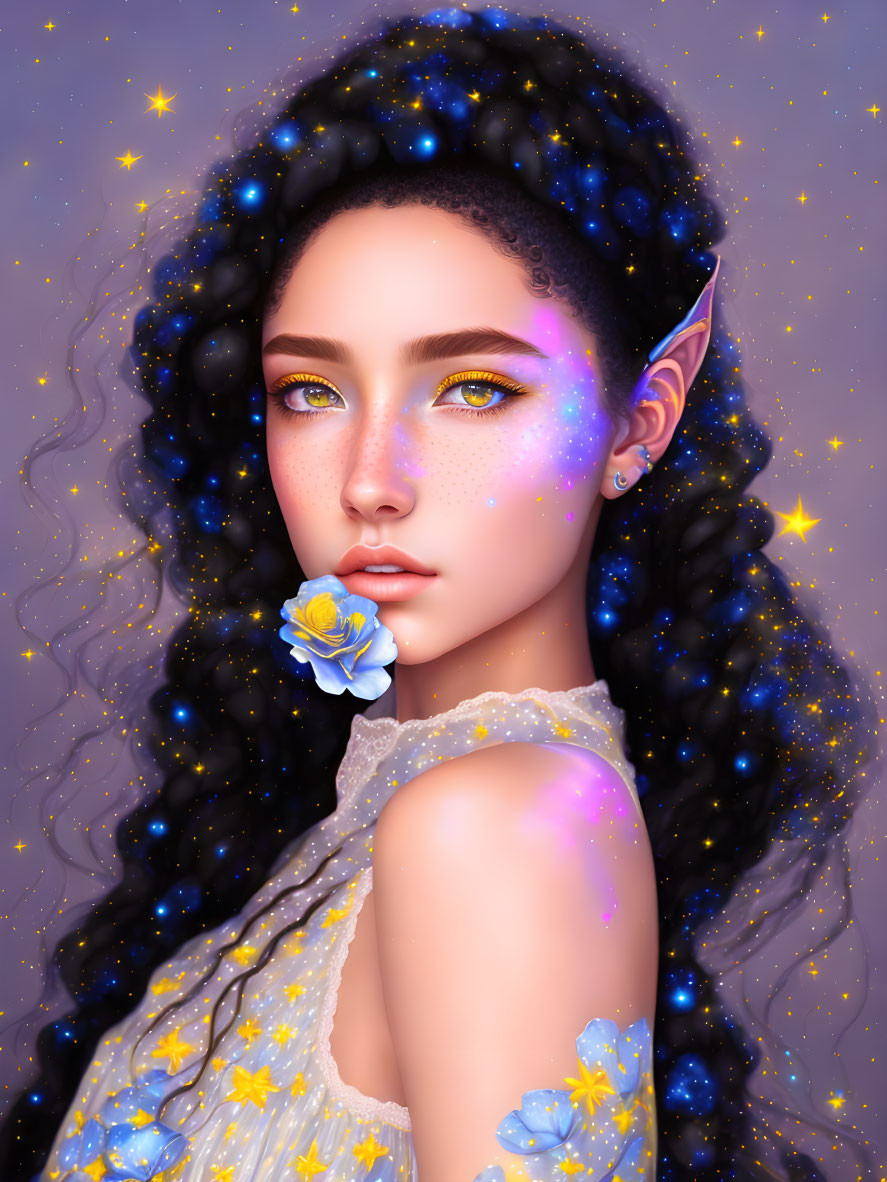 Woman with Galaxy Hair and Starry Dress Illustration