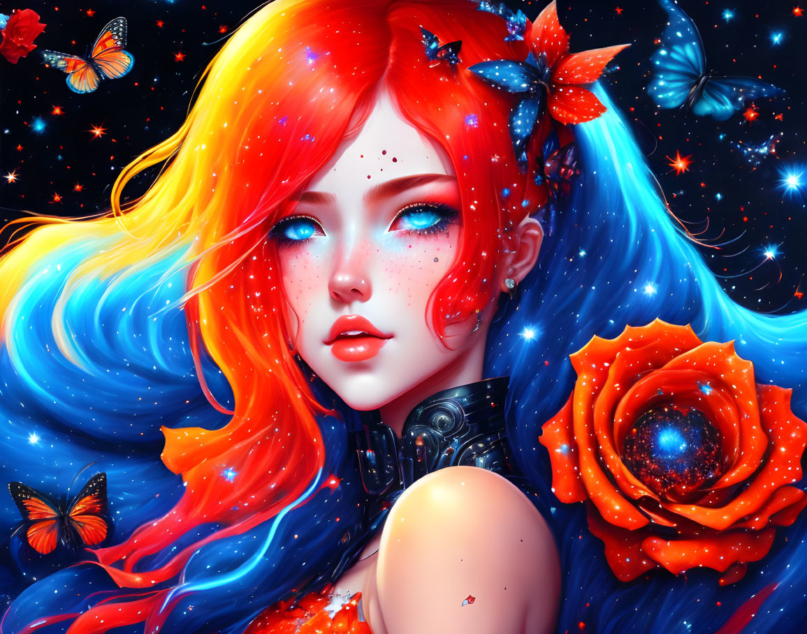 Red-haired girl with freckles, butterflies, roses, and cosmic background