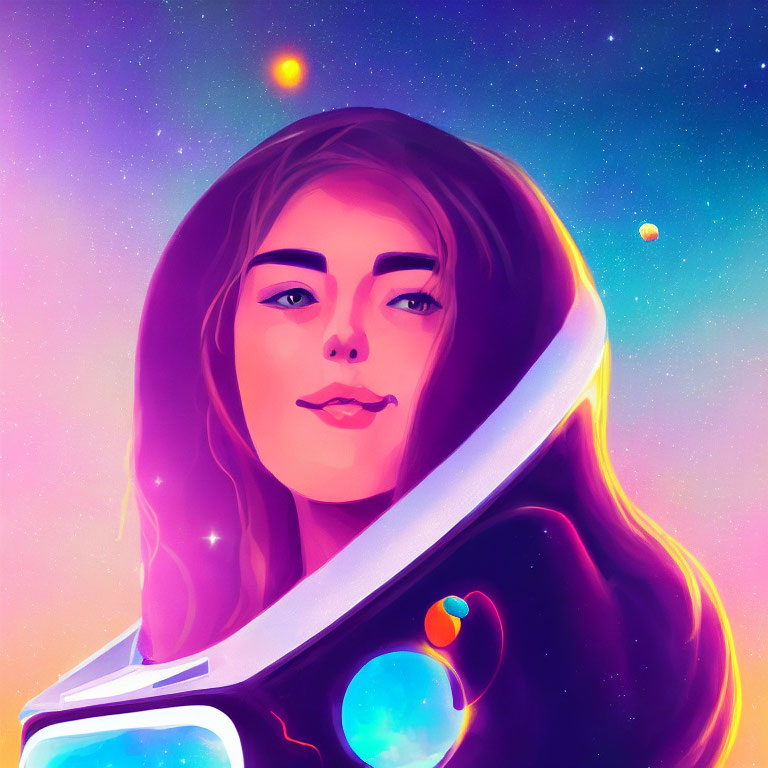 Colorful digital portrait of woman in spacesuit helmet against cosmic backdrop