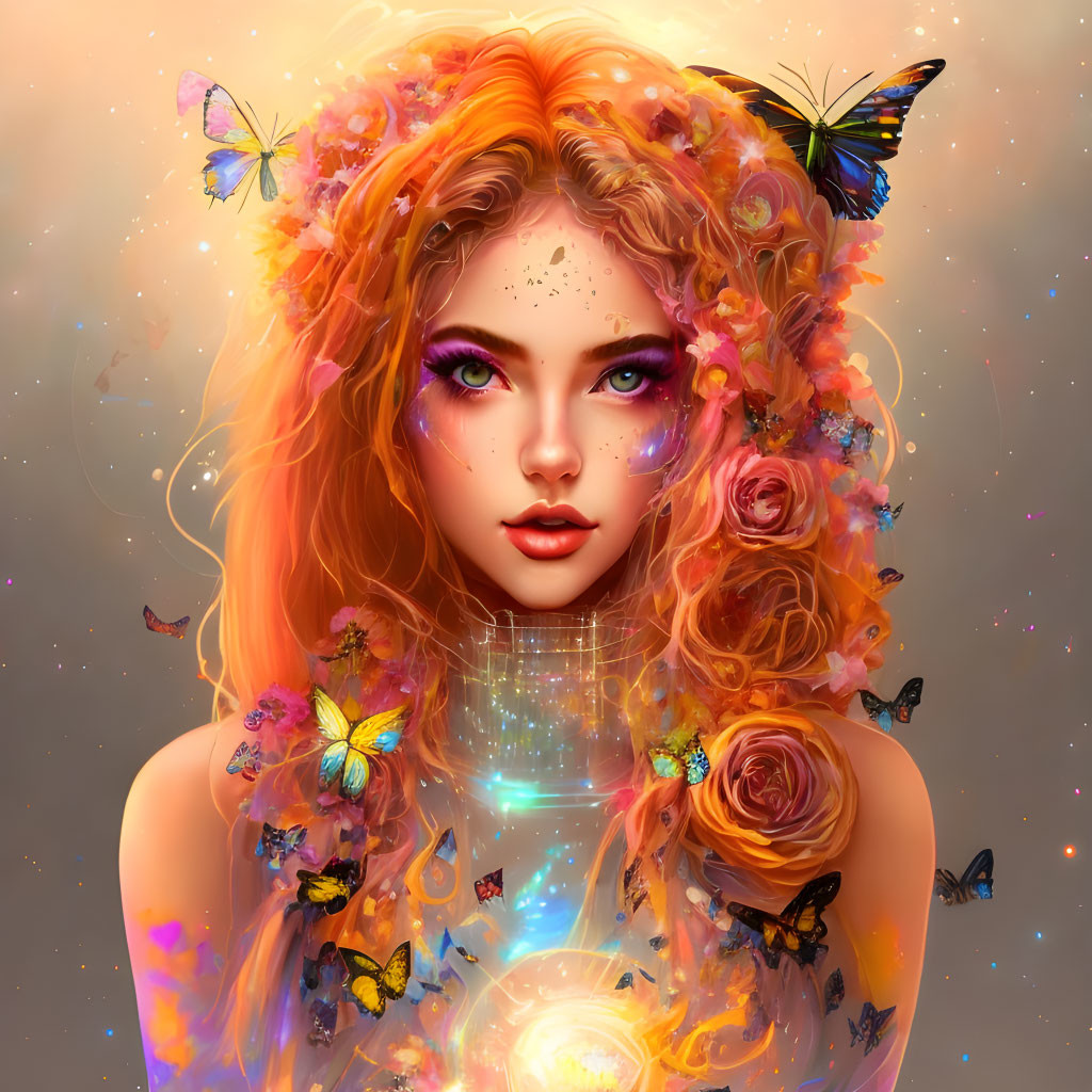 Digital Artwork: Woman with Orange Hair, Roses, Butterflies, and Glowing Lights