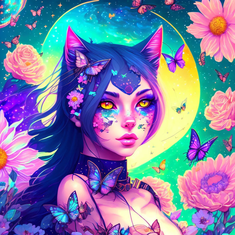 Fantasy illustration of woman with cat ears and blue hair under starry sky