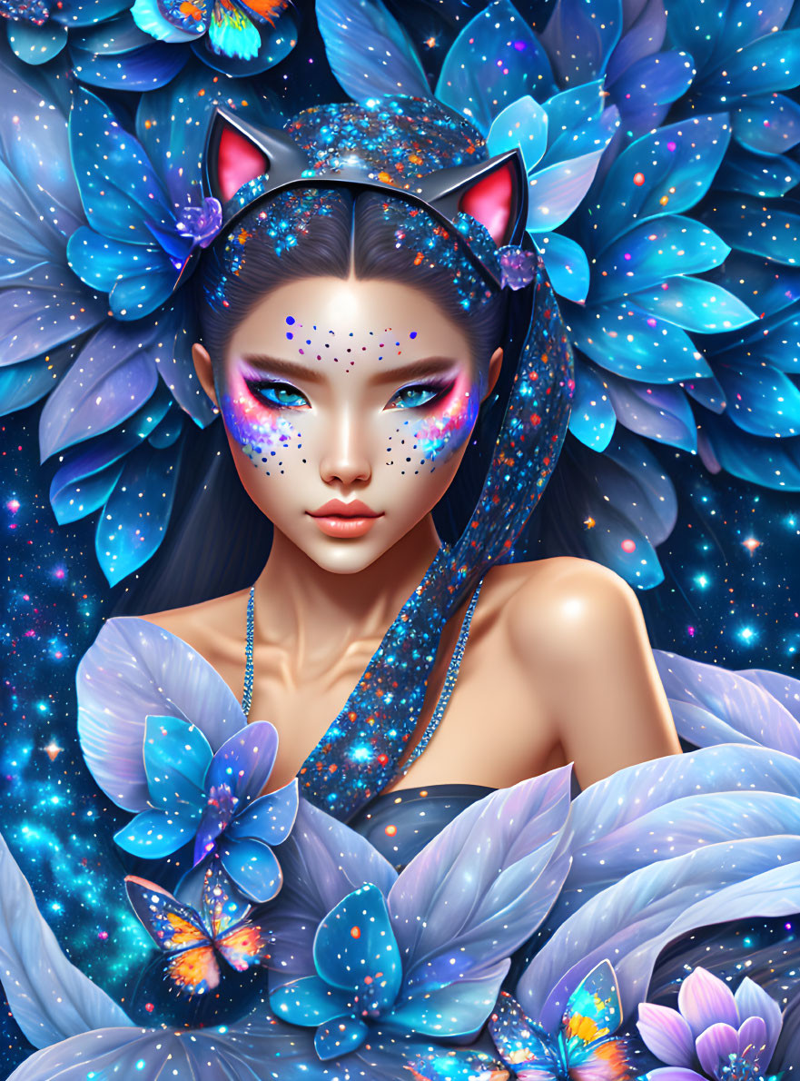 Female Figure with Cat Ears Surrounded by Blue Butterflies in Cosmic Fantasy Art