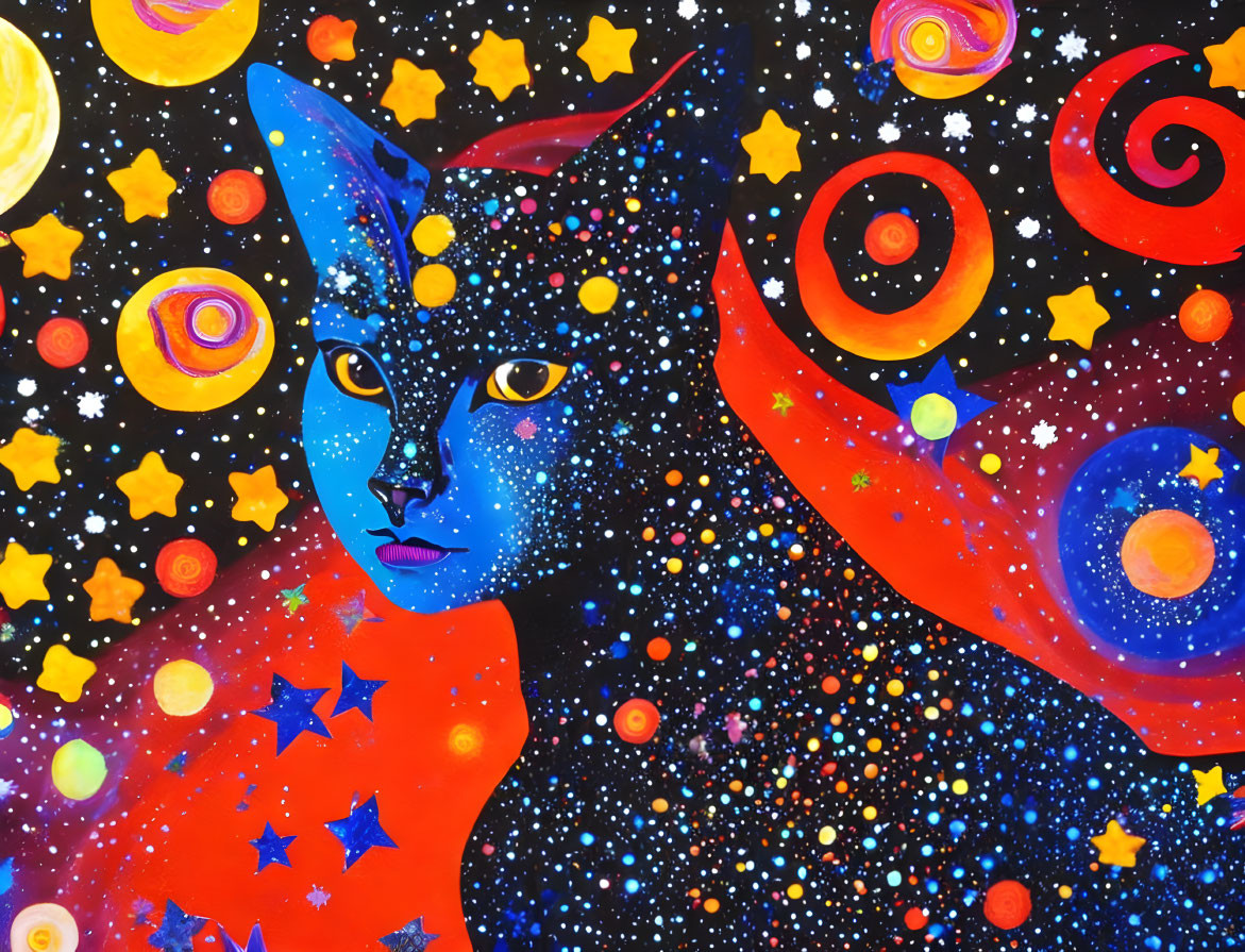 Vibrant cosmic painting: Blue cat in starry space with planets & galaxies