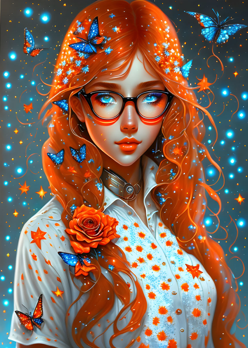 Digital Artwork: Woman with Orange Hair, Glasses, Blue Butterflies, and Stars on Dark Blue