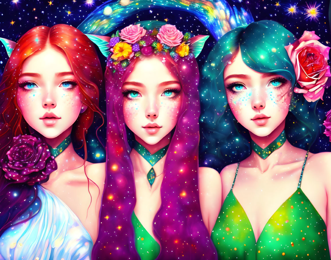 Stylized female figures with galaxy-themed skin and hair, adorned with flowers and stars on cosmic background