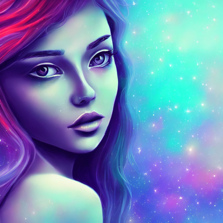 Vibrant digital artwork: woman with multicolored hair & cosmic background