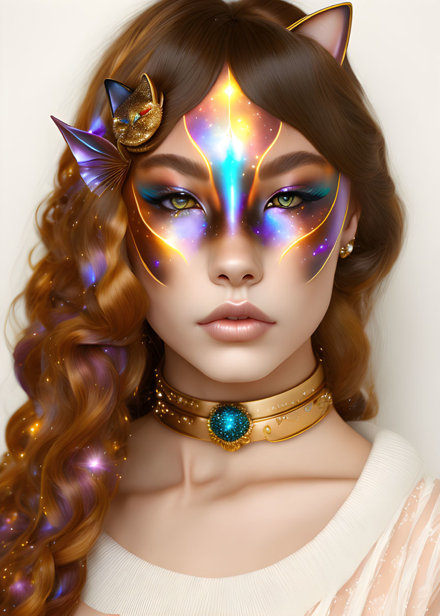 Cosmic-inspired cat makeup on woman with wavy hair, cat ears, and bejeweled