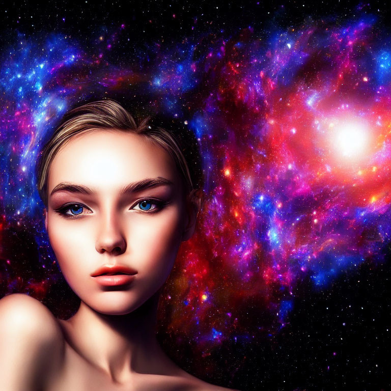 Digital artwork: Woman's portrait fused with cosmic galaxy backdrop, featuring striking blue eyes and celestial-human fusion