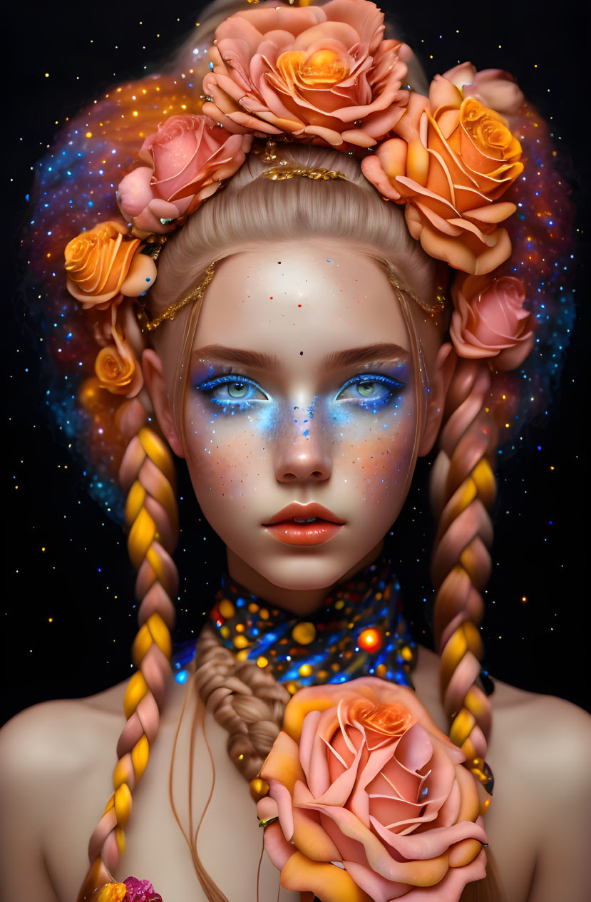 Surreal portrait of woman with galaxy makeup and orange roses against starry backdrop