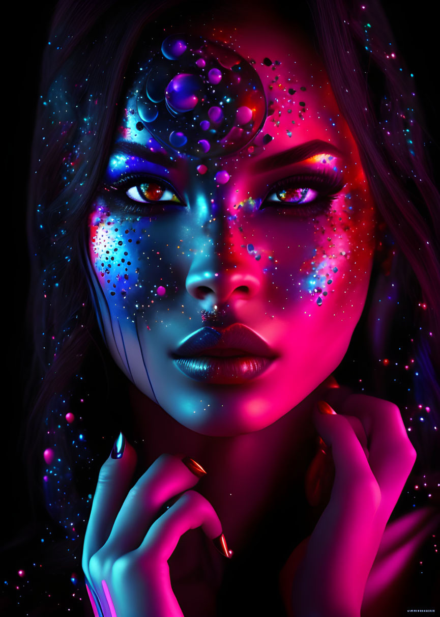 Colorful portrait of a woman with cosmic body art and neon hues on dark backdrop