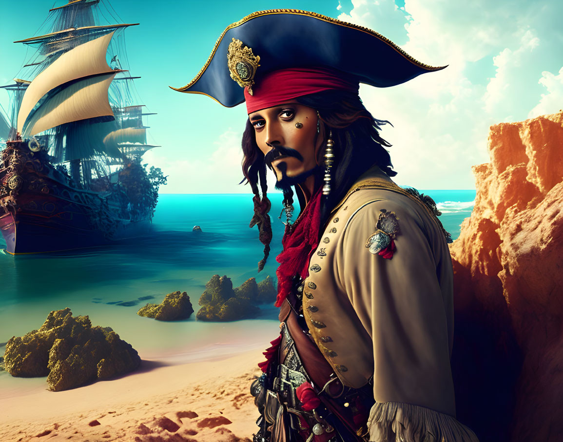 Stylized pirate portrait with ship on tropical beach