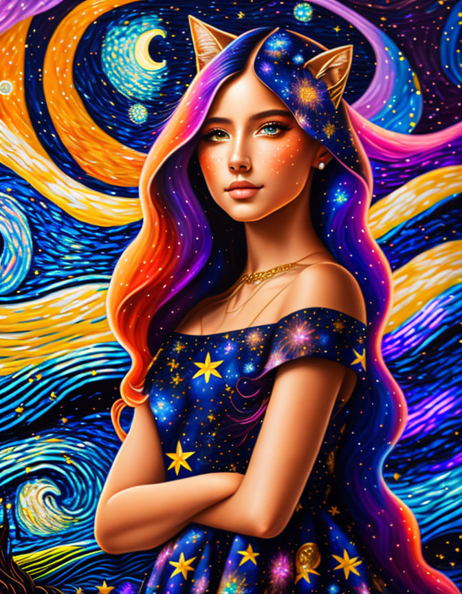 Colorful digital artwork of a woman with starry hair and cat ears in cosmic setting