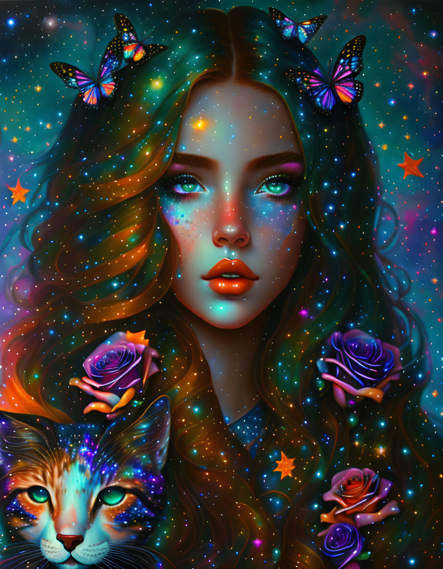 Digital portrait featuring woman with galaxy makeup, blue eyes, surrounded by butterflies, roses, and cosmic cat