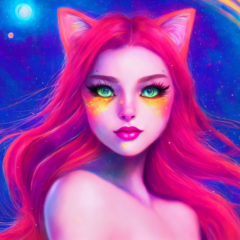 Digital artwork: Female figure with feline ears, red hair, and green eyes in cosmic setting