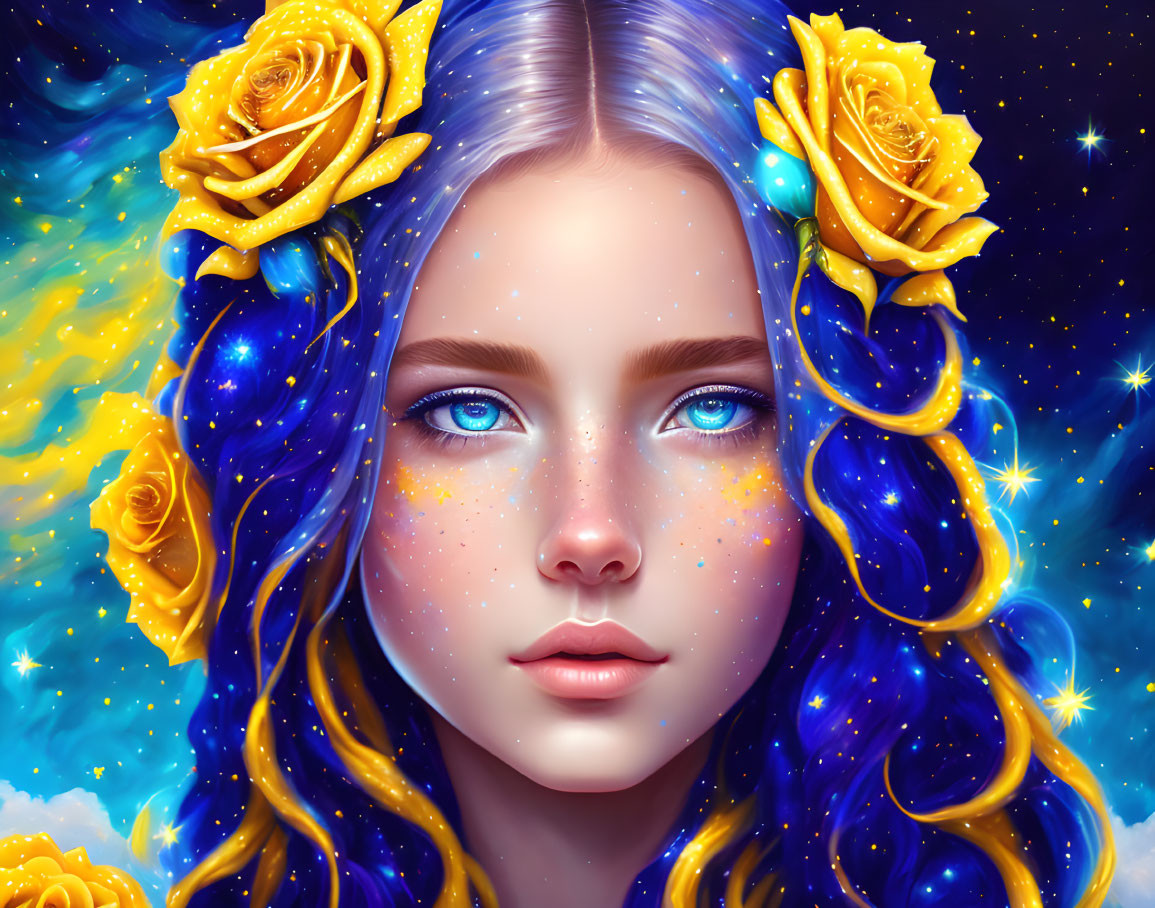 Fantasy portrait of a girl with blue hair and yellow roses on cosmic backdrop