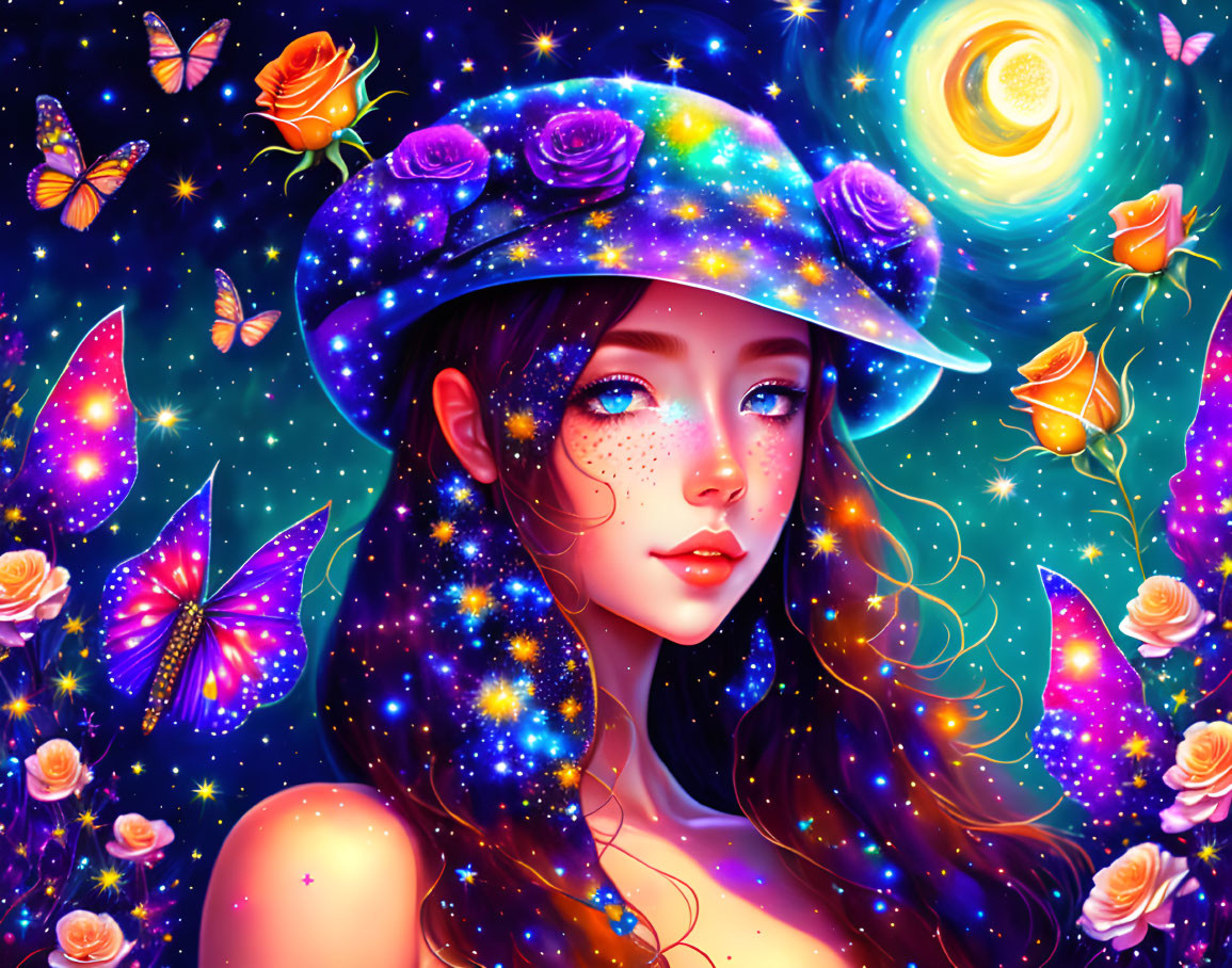 Illustration of woman with galaxy hat, butterflies, flowers, celestial background