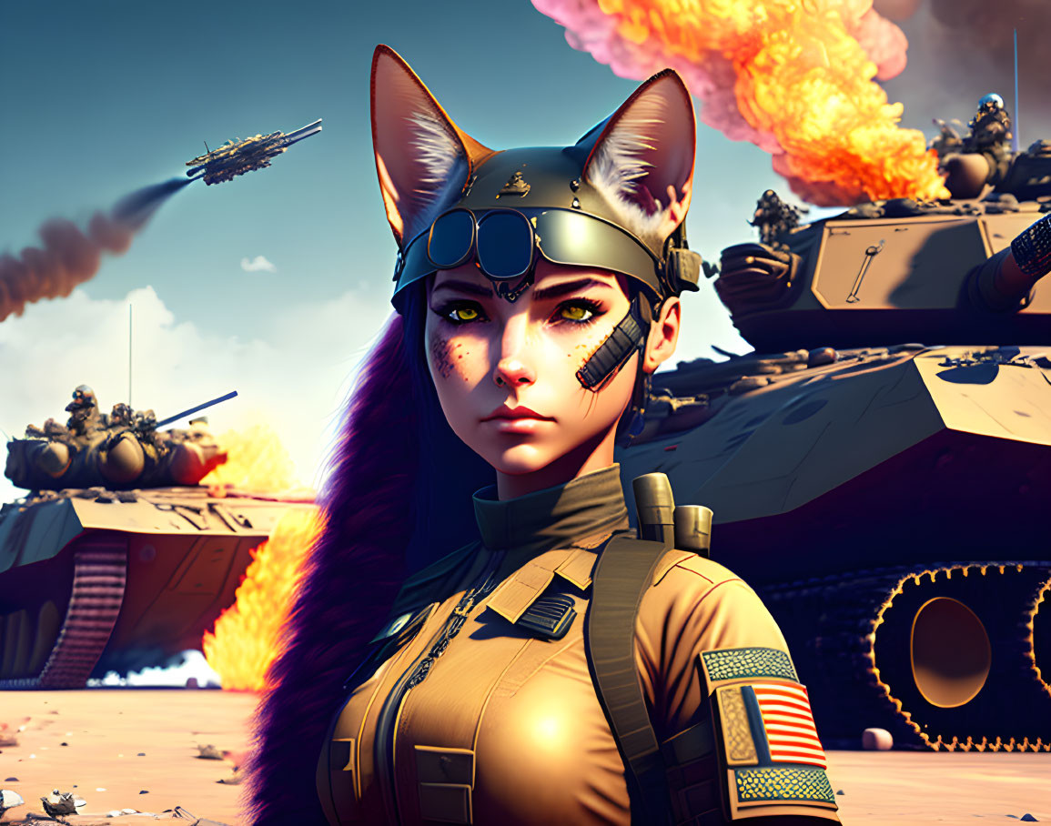 Stylized digital artwork of female character in military gear.