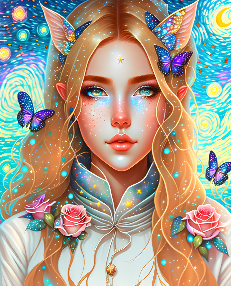 Mystical woman with elf-like ears and butterflies in blonde hair