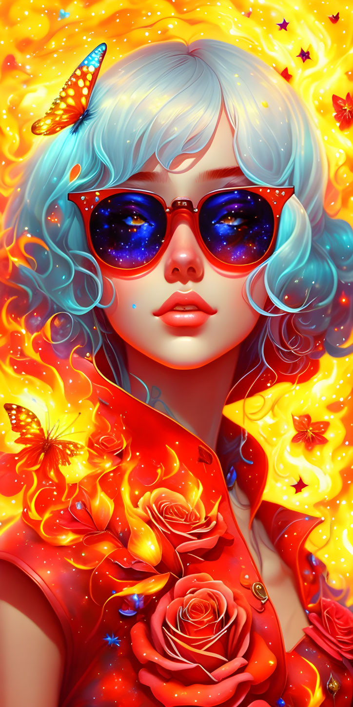 Vibrant illustration: person with blue hair, red sunglasses, butterflies, flowers.