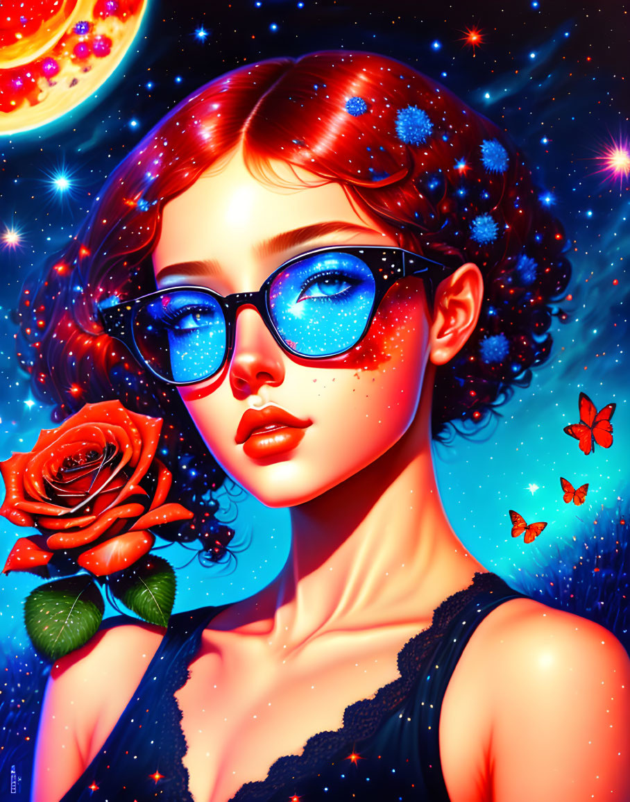 Colorful digital artwork: woman with red hair and blue glasses holding a rose, surrounded by butterflies in