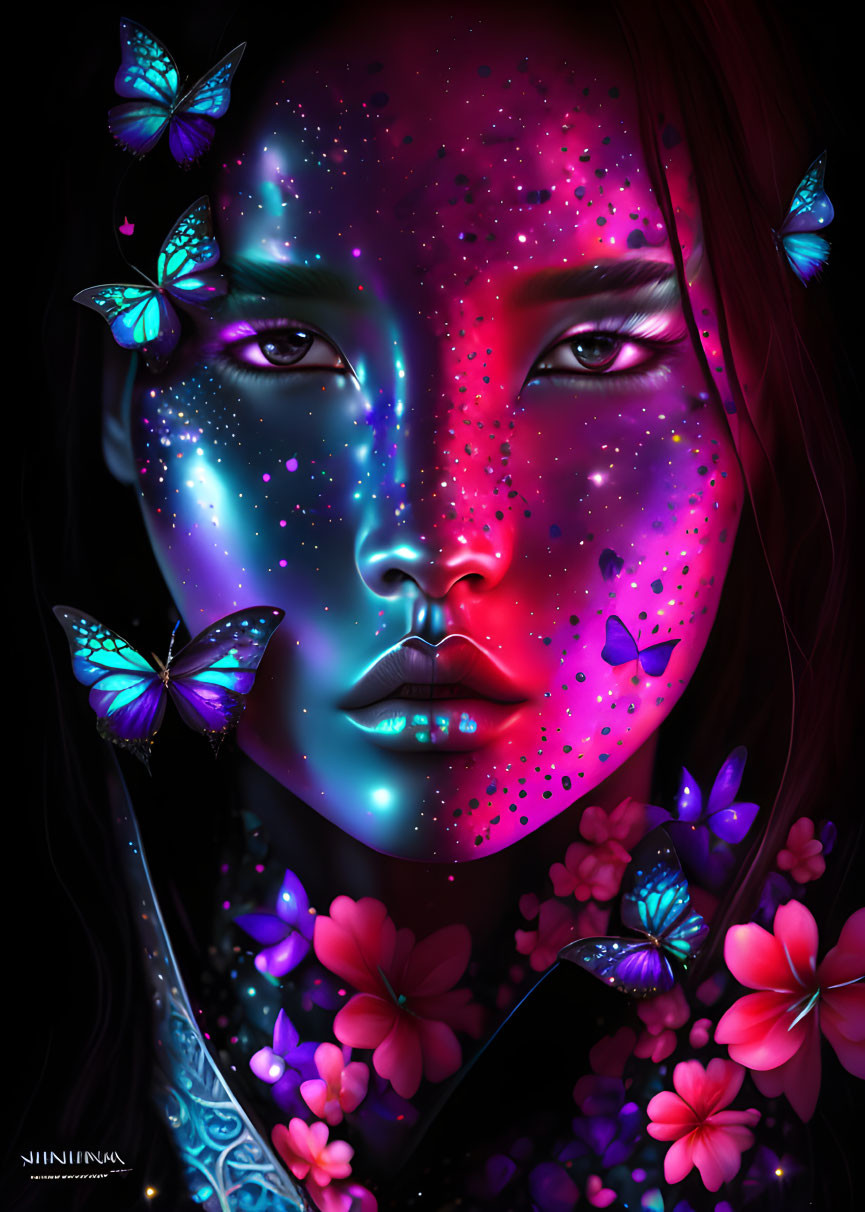 Colorful cosmic-themed woman's face surrounded by butterflies and flowers