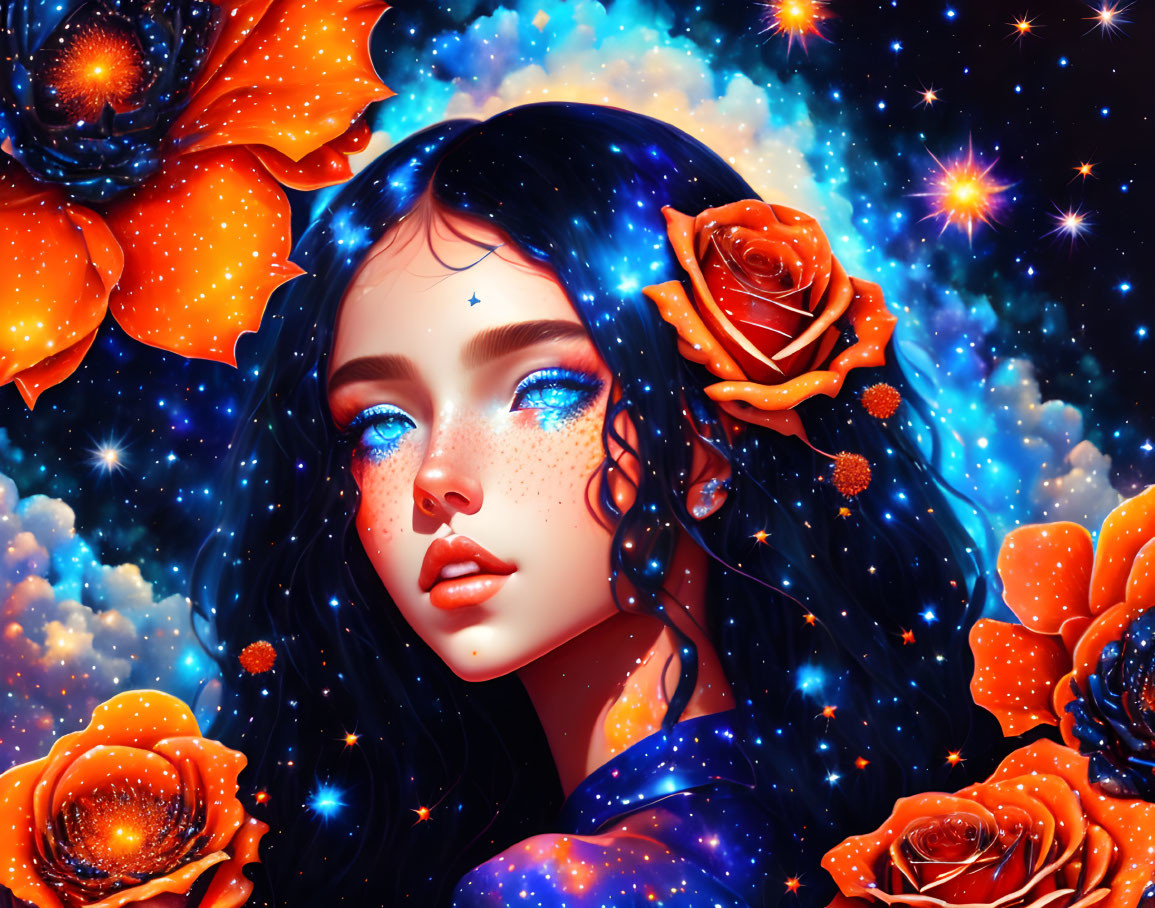 Woman with Dark Hair and Orange Flowers in Cosmic Setting