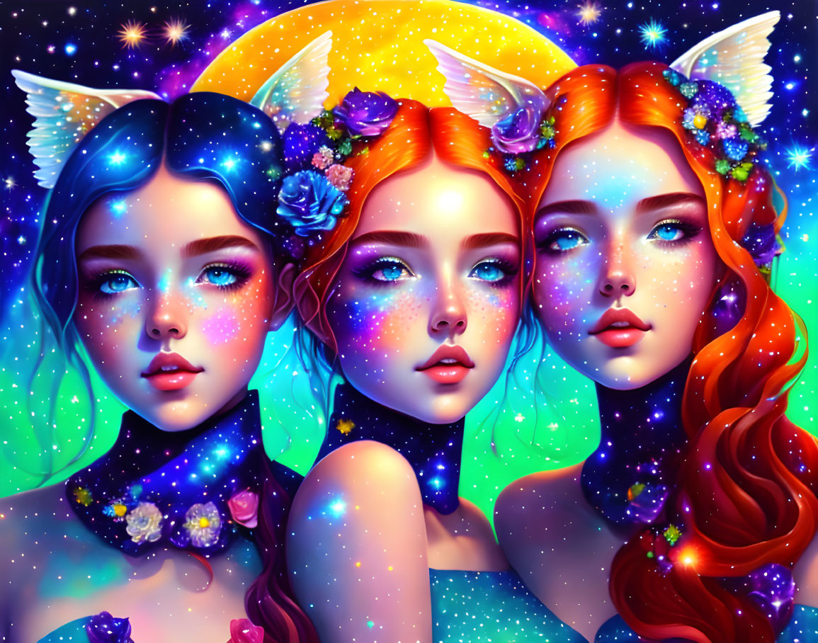 Ethereal female fantasy figures with space-themed skin and delicate wings