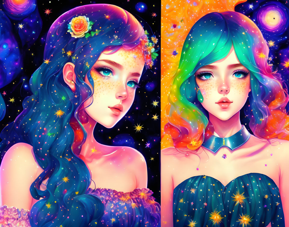 Cosmic-themed hair illustrations with stars, planets, and flowers