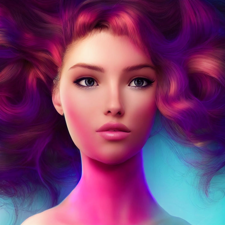 Colorful digital artwork of a woman with flowing multicolored hair on vibrant gradient backdrop