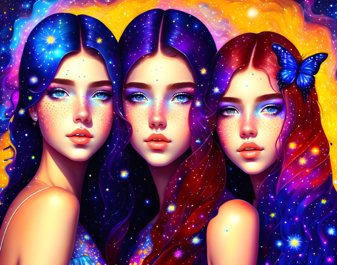 Illustrated Women with Galaxy Hair and Star Freckles in Cosmic Setting