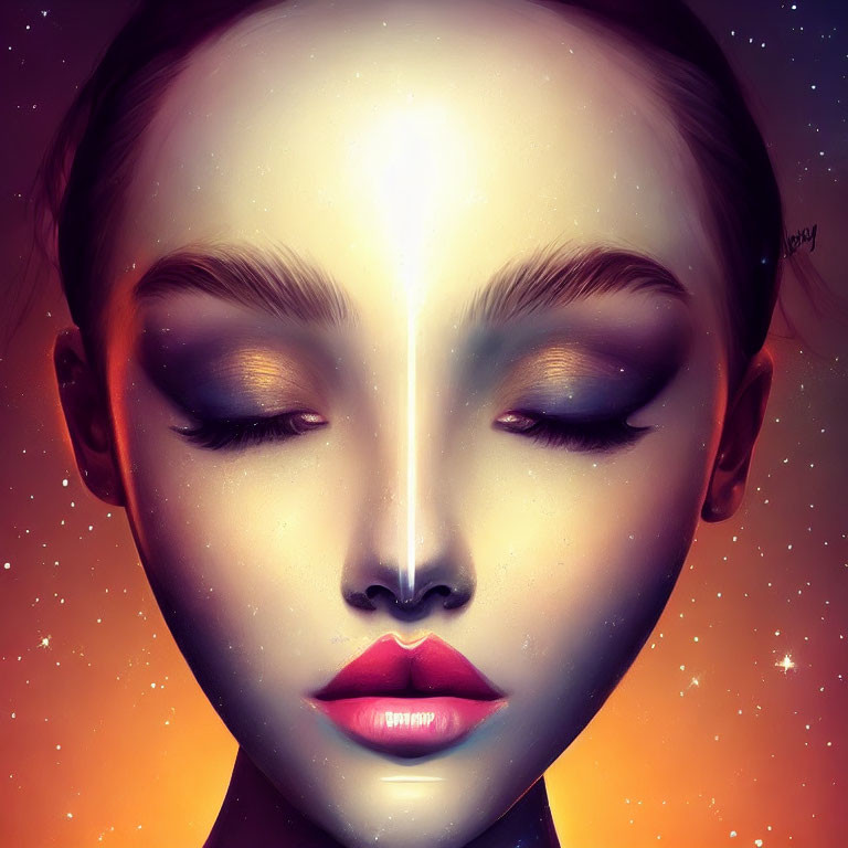 Symmetrical Female Face Digital Art with Cosmic Background