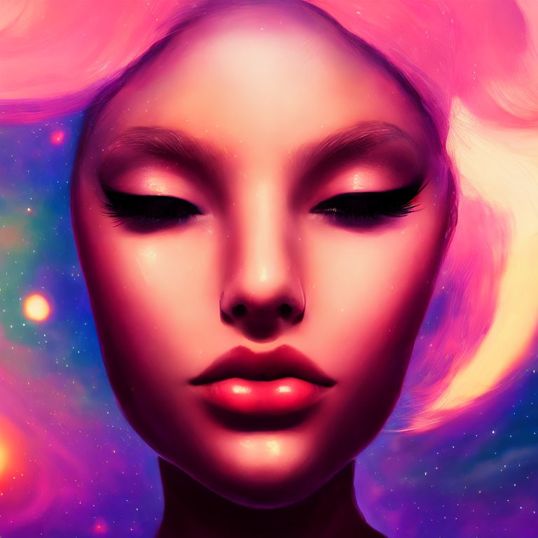 Stylized female face with cosmic tones and pink hair against starscape