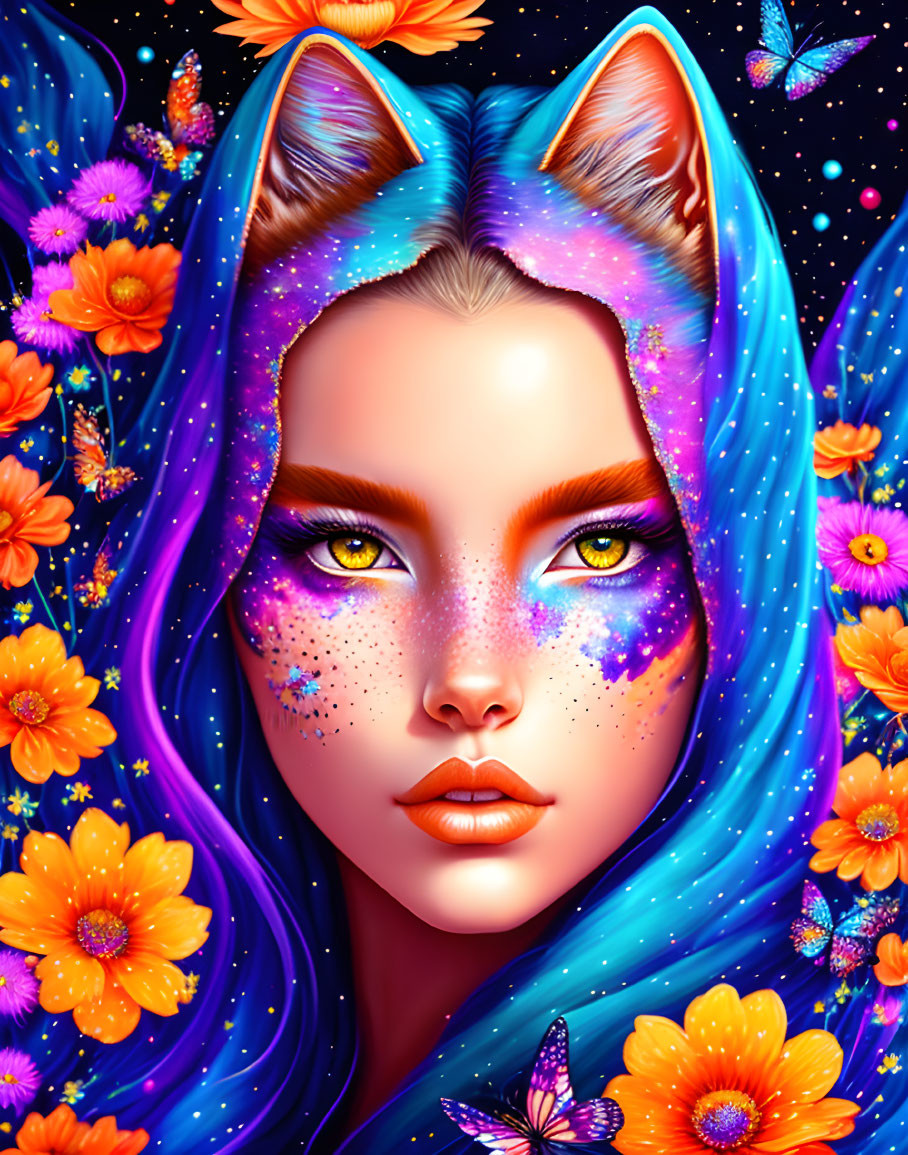 Colorful digital portrait: Woman with cat ears, cosmic and floral motifs