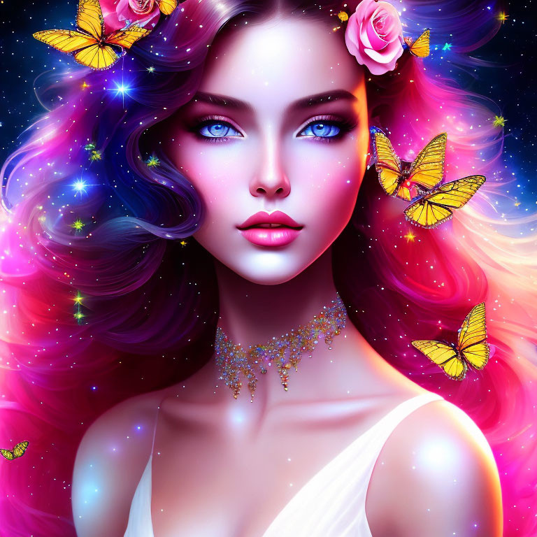 Fantasy image of woman with cosmic hair, flowers, butterflies, blue eyes, starry necklace