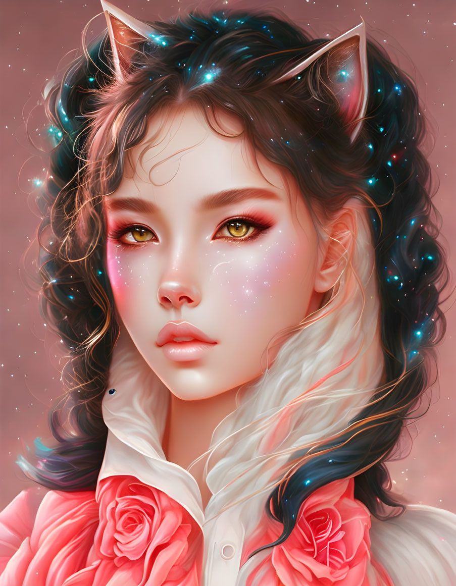 Fantasy female character with cat ears, starry hair, yellow eyes, and rose-adorned