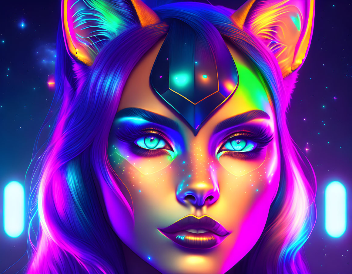 Colorful digital artwork: woman's face with neon colors, cat-like ears, and glowing makeup against