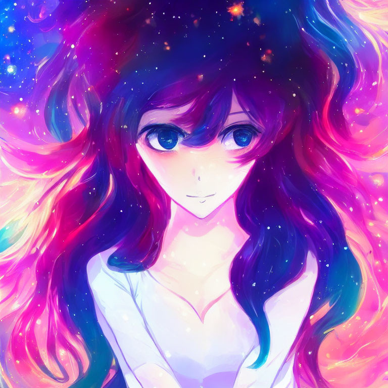 Vibrant galaxy-themed hair illustration with pink, purple, and blue shades.