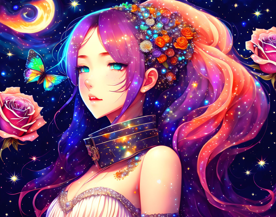 Colorful girl with purple hair in cosmic setting