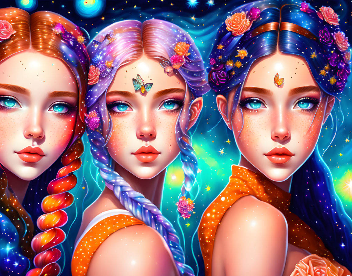 Vibrant cosmic-themed hair on three illustrated girls