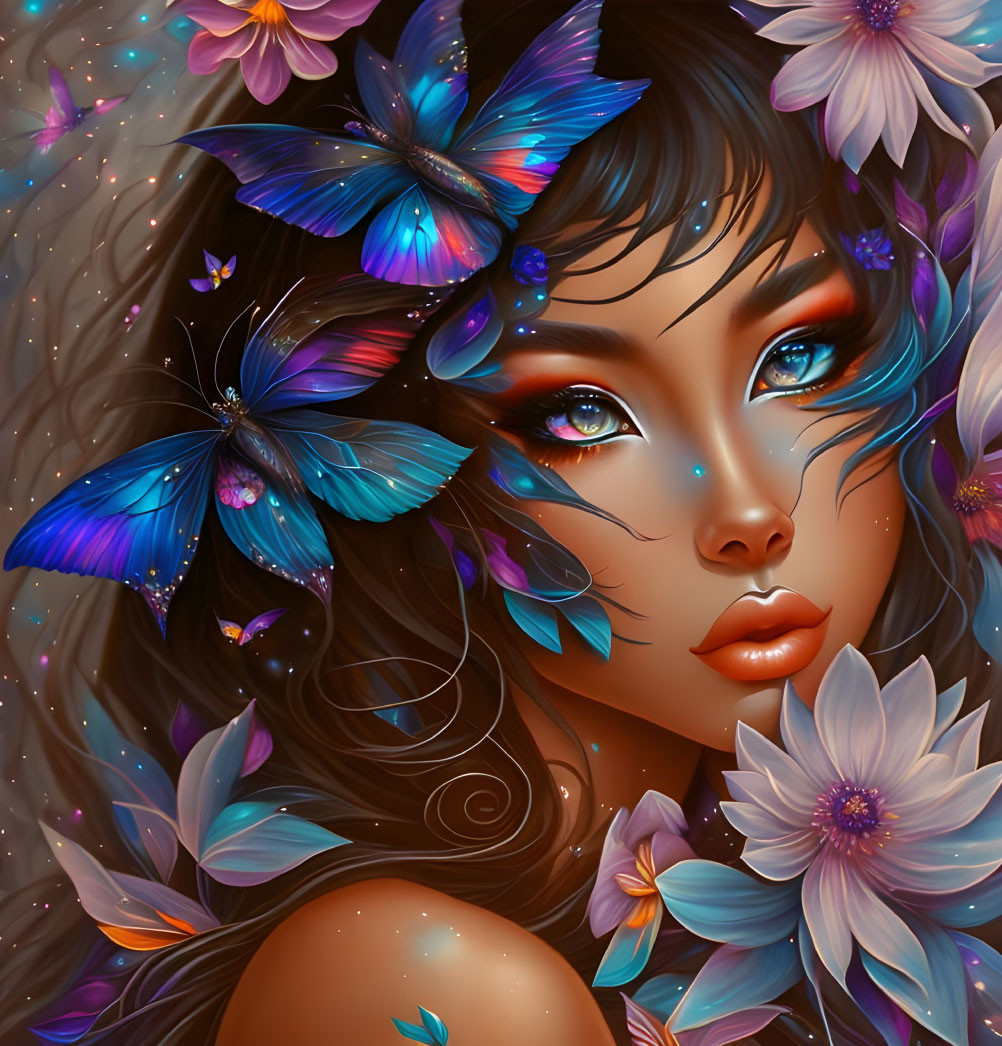 Fantastical illustration of woman with blue butterflies and flowers in hair