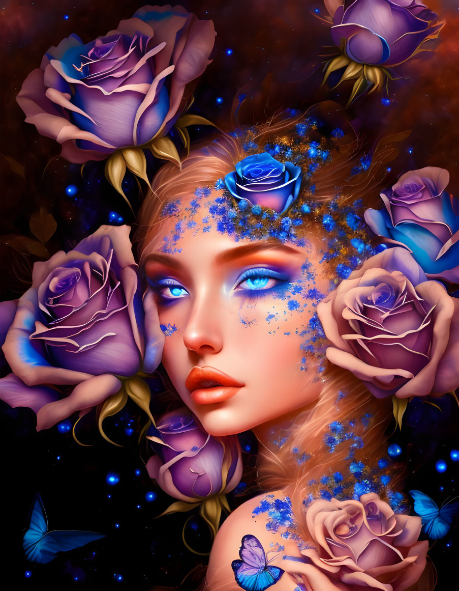 Portrait of Woman with Blue Eyes, Purple Roses, Blue Butterflies, Glittery Makeup, and